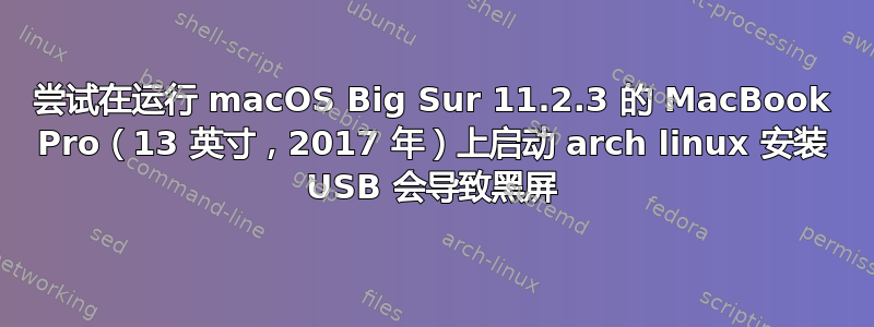 尝试在运行 macOS Big Sur 11.2.3 的 MacBook Pro（13 英寸，2017 年）上启动 arch linux 安装 USB 会导致黑屏