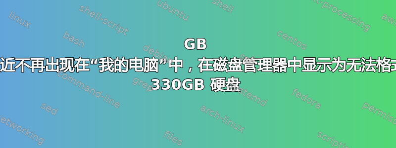 80GB 硬盘最近不再出现在“我的电脑”中，在磁盘管理器中显示为无法格式化的 330GB 硬盘