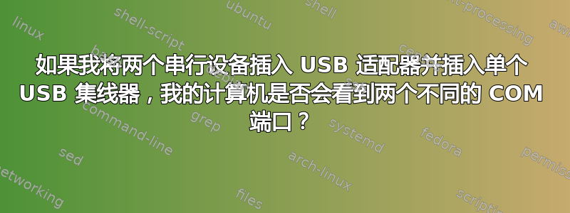 如果我将两个串行设备插入 USB 适配器并插入单个 USB 集线器，我的计算机是否会看到两个不同的 COM 端口？