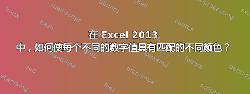 在 Excel 2013 中，如何使每个不同的数字值具有匹配的不同颜色？