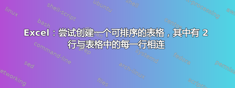 Excel：尝试创建一个可排序的表格，其中有 2 行与表格中的每一行相连