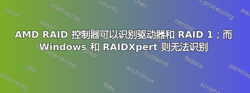 AMD RAID 控制器可以识别驱动器和 RAID 1；而 Windows 和 RAIDXpert 则无法识别