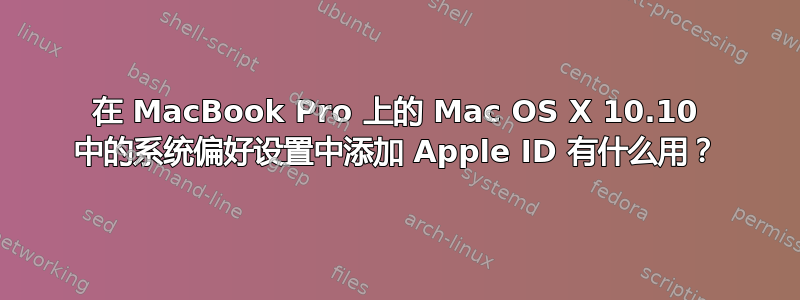 在 MacBook Pro 上的 Mac OS X 10.10 中的系统偏好设置中添加 Apple ID 有什么用？