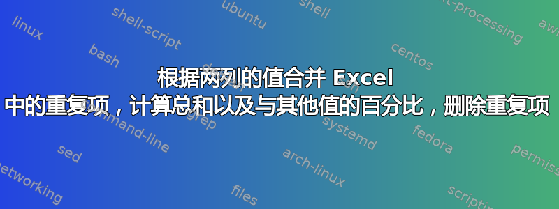 根据两列的值合并 Excel 中的重复项，计算总和以及与其他值的百分比，删除重复项