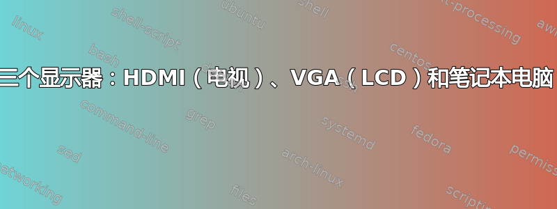 三个显示器：HDMI（电视）、VGA（LCD）和笔记本电脑 