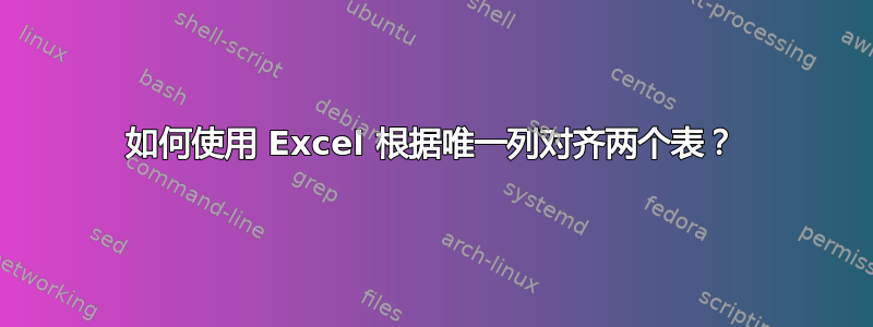 如何使用 Excel 根据唯一列对齐两个表？