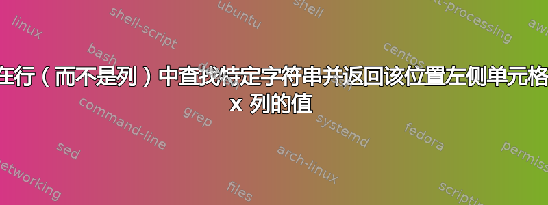 在行（而不是列）中查找特定字符串并返回该位置左侧单元格 x 列的值