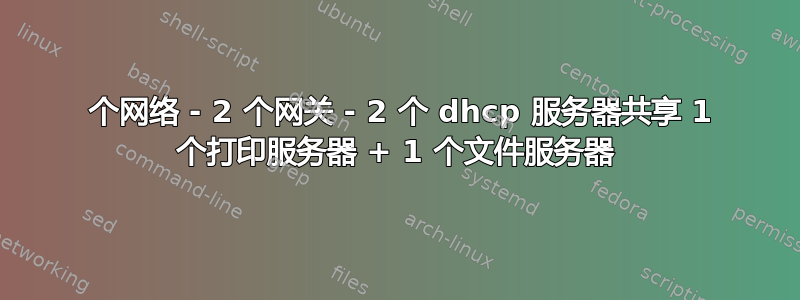 2 个网络 - 2 个网关 - 2 个 dhcp 服务器共享 1 个打印服务器 + 1 个文件服务器