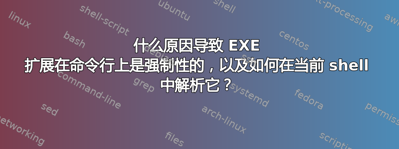 什么原因导致 EXE 扩展在命令行上是强制性的，以及如何在当前 shell 中解析它？