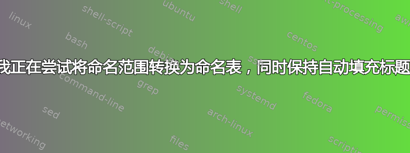 我正在尝试将命名范围转换为命名表，同时保持自动填充标题