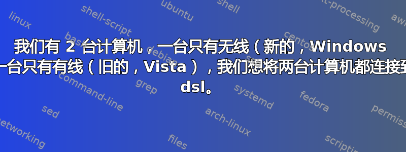 我们有 2 台计算机，一台只有无线（新的，Windows 10），一台只有有线（旧的，Vista），我们想将两台计算机都连接到我们的 dsl。