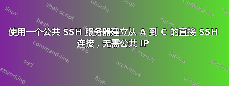 使用一个公共 SSH 服务器建立从 A 到 C 的直接 SSH 连接，无需公共 IP