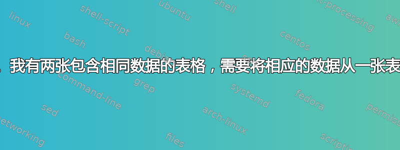 需要转移一列的数据。我有两张包含相同数据的表格，需要将相应的数据从一张表格转移到另一张表格