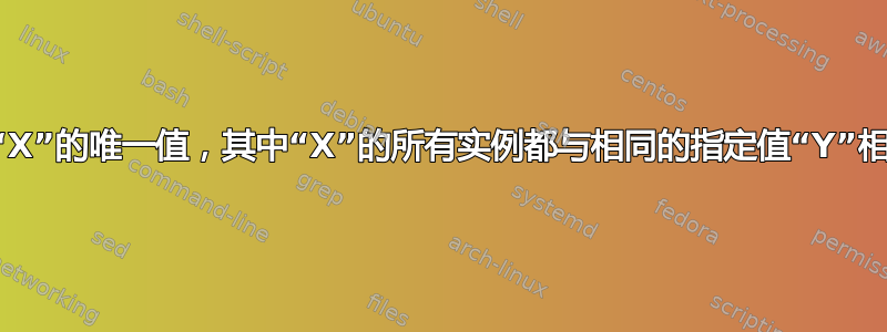 计算“X”的唯一值，其中“X”的所有实例都与相同的指定值“Y”相关联