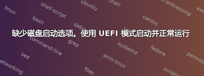 缺少磁盘启动选项。使用 UEFI 模式启动并正常运行