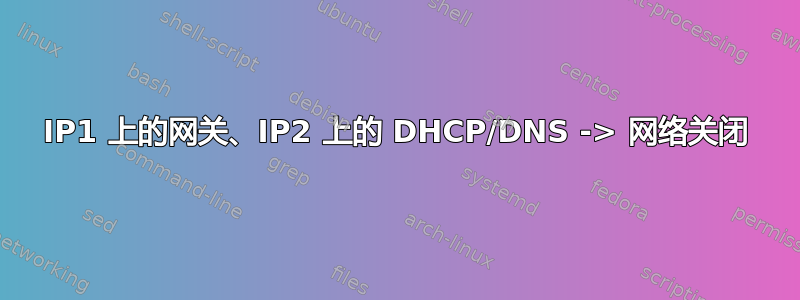 IP1 上的网关、IP2 上的 DHCP/DNS -> 网络关闭