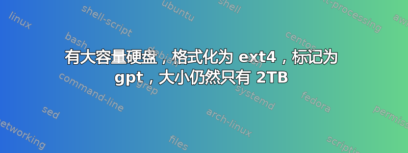 有大容量硬盘，格式化为 ext4，标记为 gpt，大小仍然只有 2TB