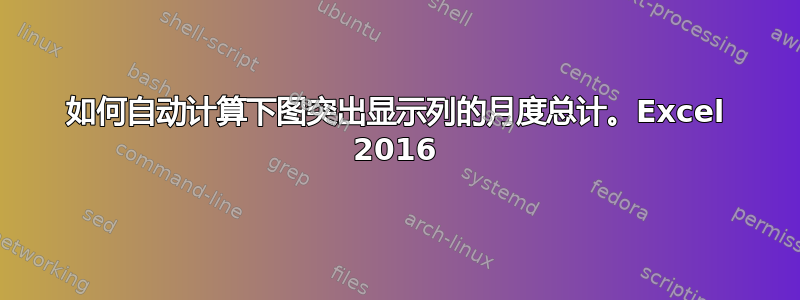 如何自动计算下图突出显示列的月度总计。Excel 2016