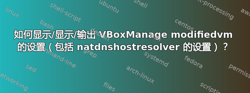 如何显示/显示/输出 VBoxManage modifiedvm 的设置（包括 natdnshostresolver 的设置）？