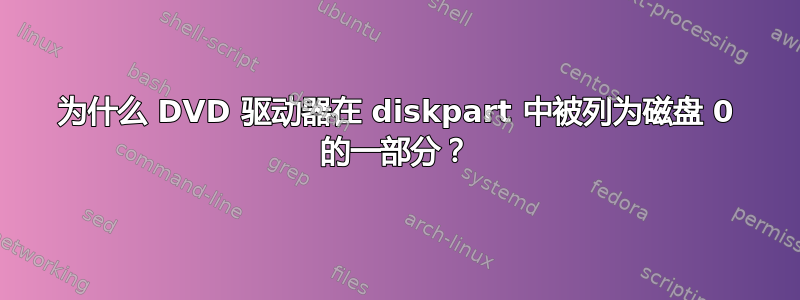 为什么 DVD 驱动器在 diskpart 中被列为磁盘 0 的一部分？