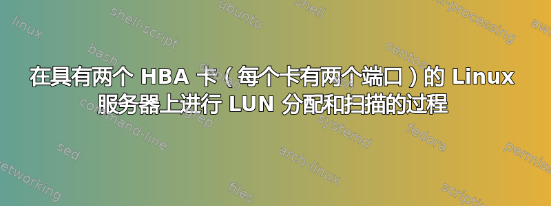 在具有两个 HBA 卡（每个卡有两个端口）的 Linux 服务器上进行 LUN 分配和扫描的过程