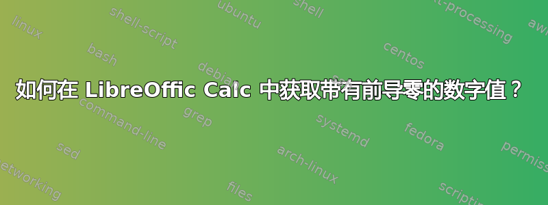 如何在 LibreOffic Calc 中获取带有前导零的数字值？