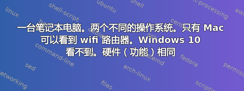 一台笔记本电脑。两个不同的操作系统。只有 Mac 可以看到 wifi 路由器。Windows 10 看不到。硬件（功能）相同