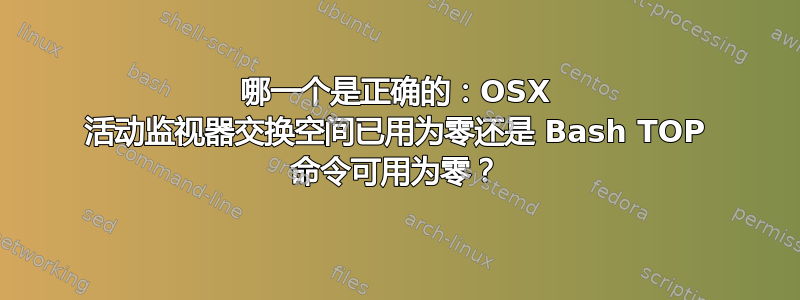 哪一个是正确的：OSX 活动监视器交换空间已用为零还是 Bash TOP 命令可用为零？