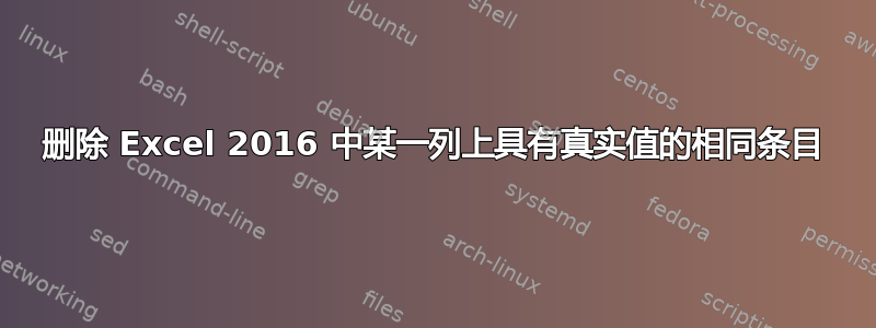 删除 Excel 2016 中某一列上具有真实值的相同条目