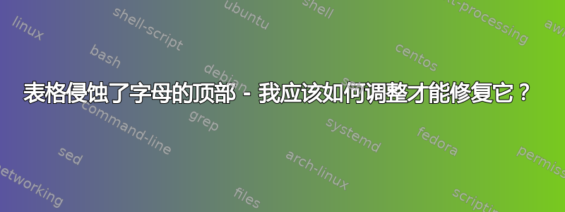 表格侵蚀了字母的顶部 - 我应该如何调整才能修复它？