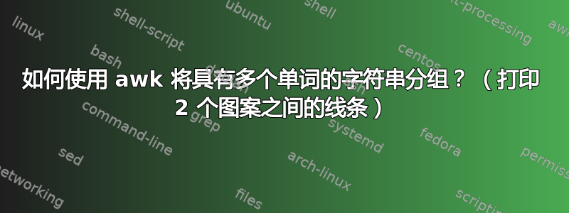 如何使用 awk 将具有多个单词的字符串分组？ （打印 2 个图案之间的线条）