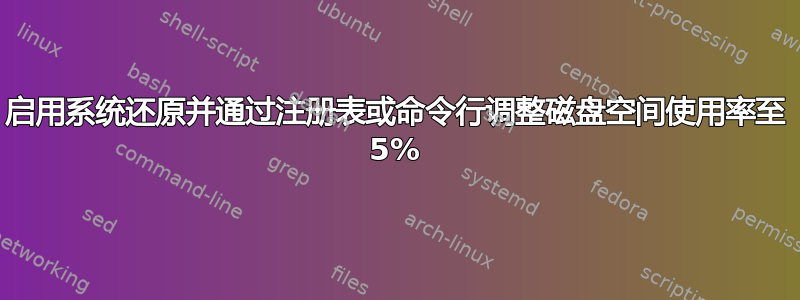 启用系统还原并通过注册表或命令行调整磁盘空间使用率至 5%