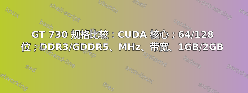 GT 730 规格比较：CUDA 核心；64/128 位；DDR3/GDDR5、MHz、带宽、1GB/2GB