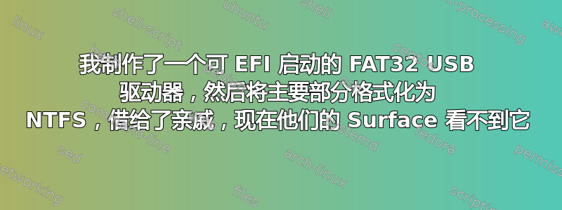 我制作了一个可 EFI 启动的 FAT32 USB 驱动器，然后将主要部分格式化为 NTFS，借给了亲戚，现在他们的 Surface 看不到它