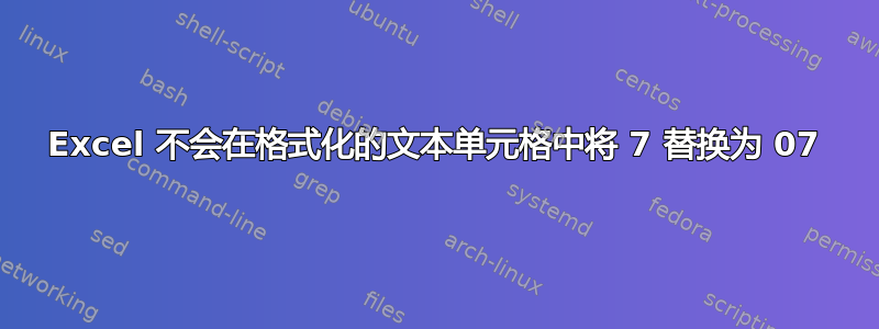 Excel 不会在格式化的文本单元格中将 7 替换为 07