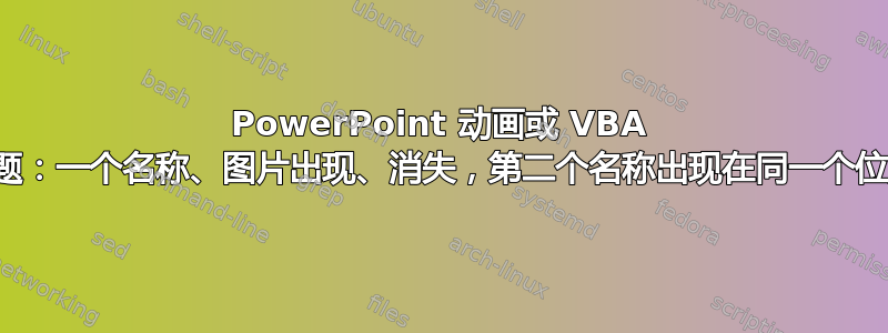 PowerPoint 动画或 VBA 问题：一个名称、图片出现、消失，第二个名称出现在同一个位置