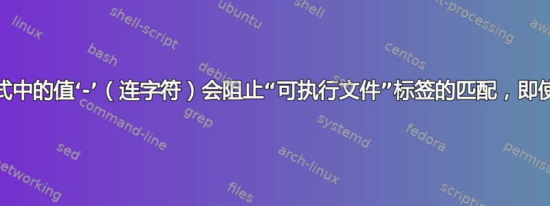 为什么“标签顺序”样式中的值‘-’（连字符）会阻止“可执行文件”标签的匹配，即使该标签已明确指定？