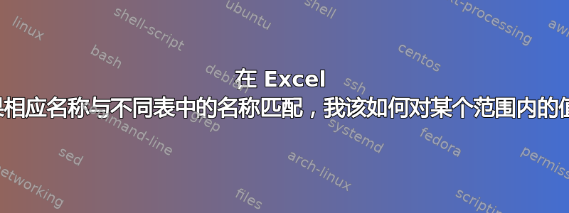 在 Excel 中，如果相应名称与不同表中的名称匹配，我该如何对某个范围内的值求和？