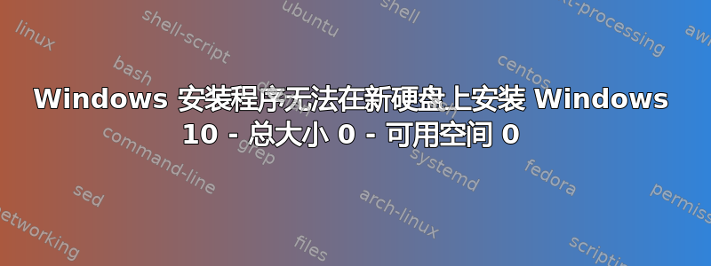 Windows 安装程序无法在新硬盘上安装 Windows 10 - 总大小 0 - 可用空间 0