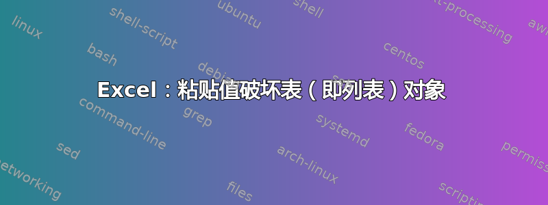 Excel：粘贴值破坏表（即列表）对象