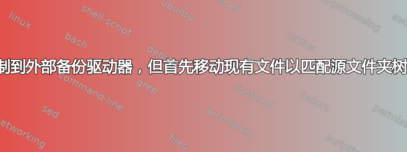 如何将文件复制到外部备份驱动器，但首先移动现有文件以匹配源文件夹树并获取报告？