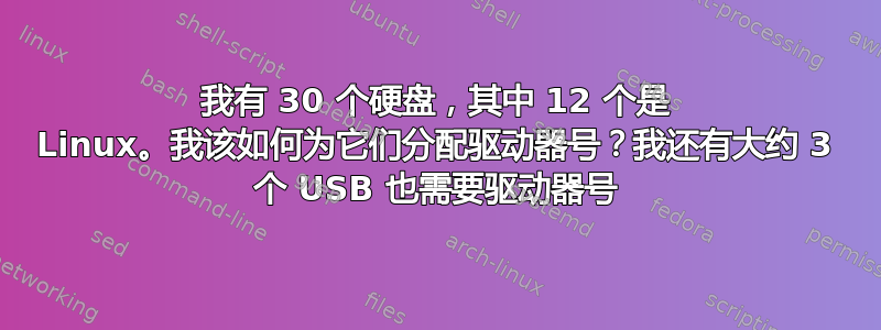 我有 30 个硬盘，其中 12 个是 Linux。我该如何为它们分配驱动器号？我还有大约 3 个 USB 也需要驱动器号