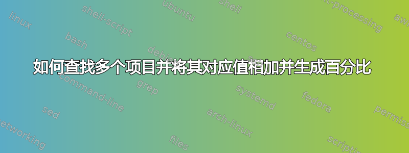 如何查找多个项目并将其对应值相加并生成百分比