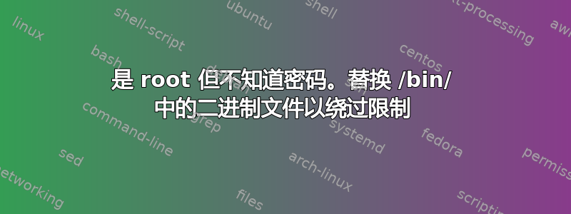 是 root 但不知道密码。替换 /bin/ 中的二进制文件以绕过限制