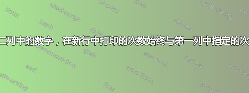 打印第二列中的数字，在新行中打印的次数始终与第一列中指定的次数相同