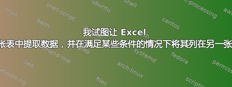 我试图让 Excel 从一张表中提取数据，并在满足某些条件的情况下将其列在另一张表上