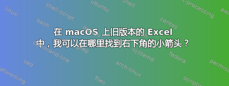 在 macOS 上旧版本的 Excel 中，我可以在哪里找到右下角的小箭头？