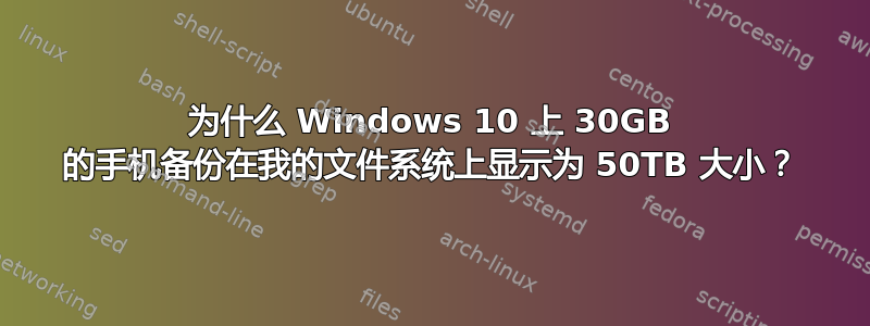 为什么 Windows 10 上 30GB 的手机备份在我的文件系统上显示为 50TB 大小？