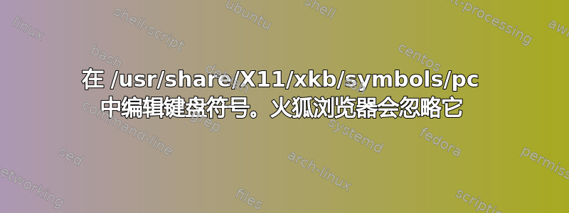 在 /usr/share/X11/xkb/symbols/pc 中编辑键盘符号。火狐浏览器会忽略它