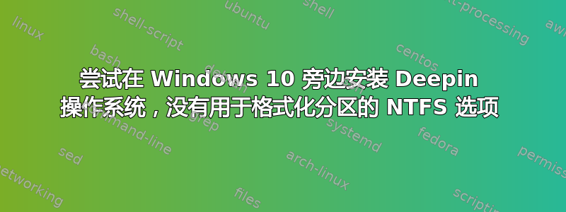 尝试在 Windows 10 旁边安装 Deepin 操作系统，没有用于格式化分区的 NTFS 选项